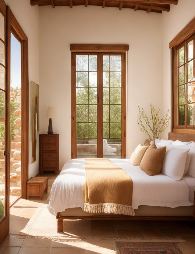 Mid-sized mediterranean guest bedroom in Other with beige walls, terra-cotta floors, multi-coloured floor and wood.