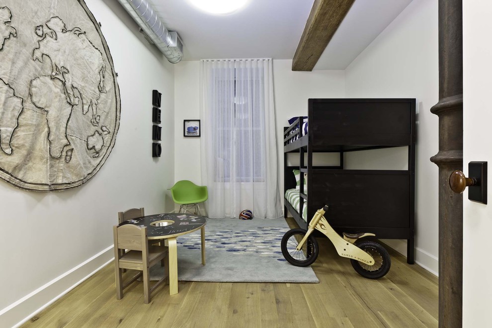 Small industrial kids' bedroom in New York with white walls for boys.