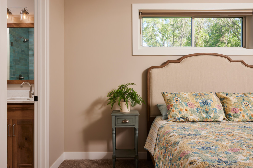 Inspiration for a mid-sized transitional master carpeted and beige floor bedroom remodel in Minneapolis with beige walls and no fireplace