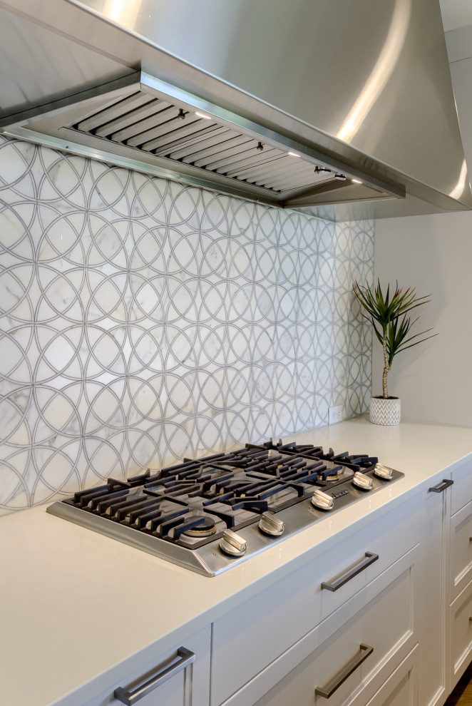 Eat-in kitchen - large transitional light wood floor eat-in kitchen idea with a single-bowl sink, recessed-panel cabinets, white cabinets, quartzite countertops, stainless steel appliances and an island