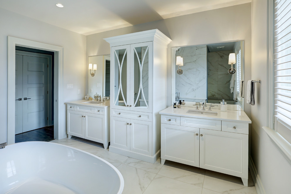Design ideas for a mid-sized traditional 3/4 bathroom in Toronto with raised-panel cabinets, dark wood cabinets, a one-piece toilet, gray tile, white tile, stone tile, yellow walls, dark hardwood floors, a drop-in sink and soapstone benchtops.