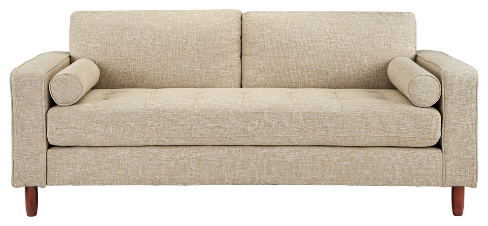 Modern Contemporary Linen 3-Seat Sofa With Bolster Pillows, Beige