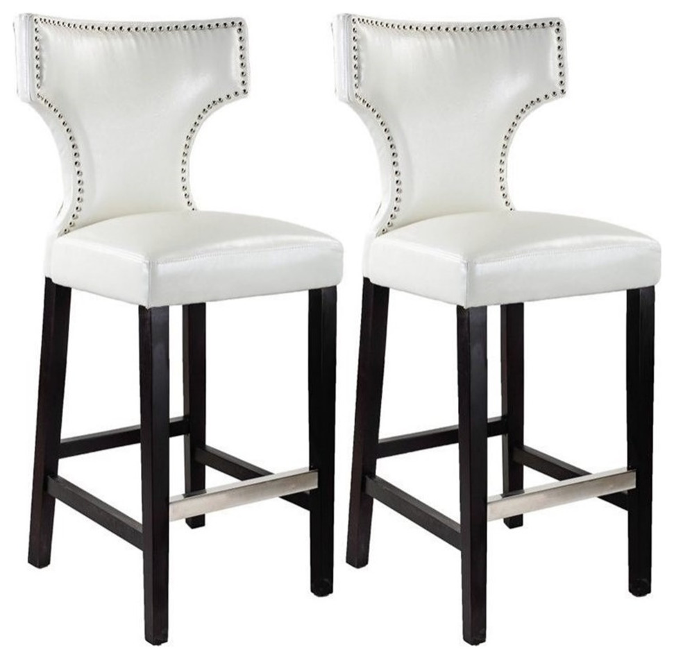 Aiden White Faux Leather Upholstered and Studded 29" Barstools - Set of 2