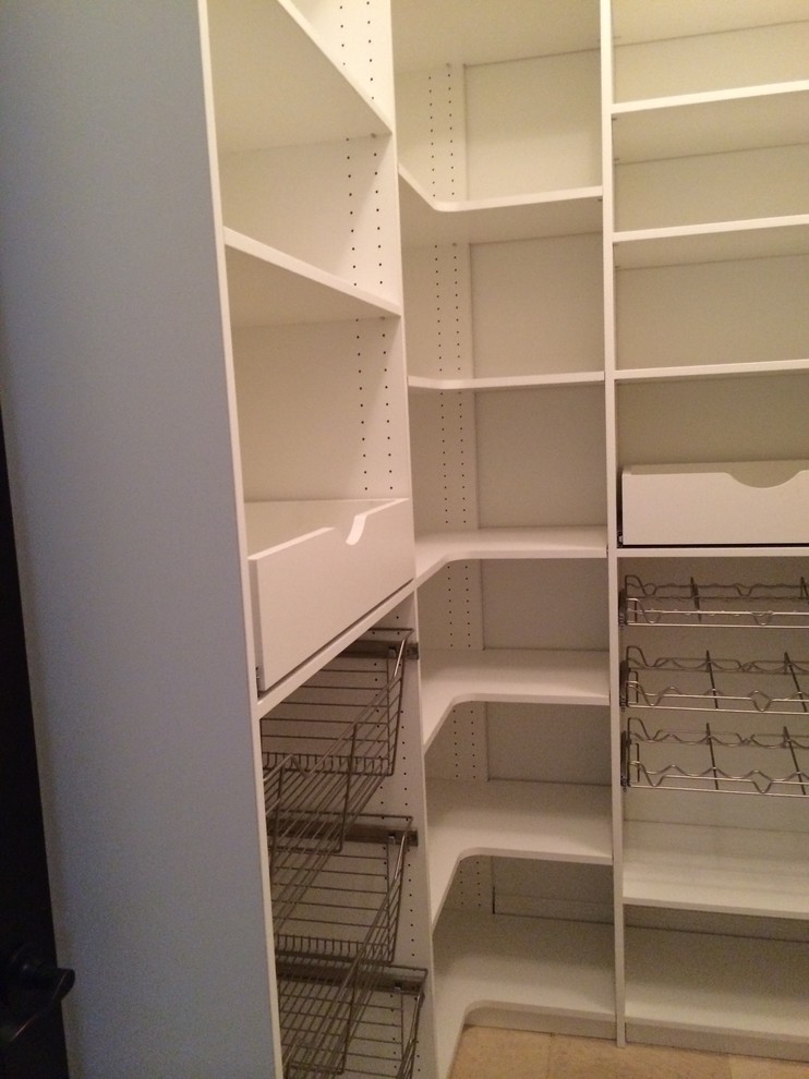 Inspiration for a mid-sized modern l-shaped kitchen pantry in Detroit with flat-panel cabinets and white cabinets.