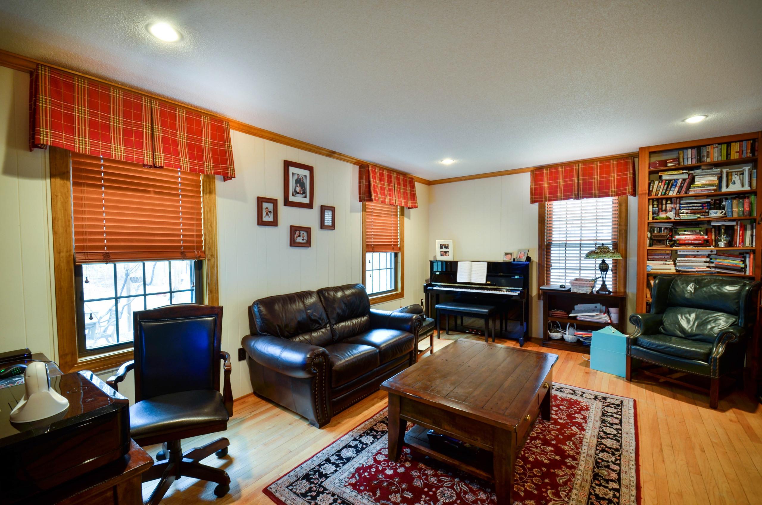 Home Office with plaid boxpleat valances and Hunter Douglas Parkland Wood Blinds