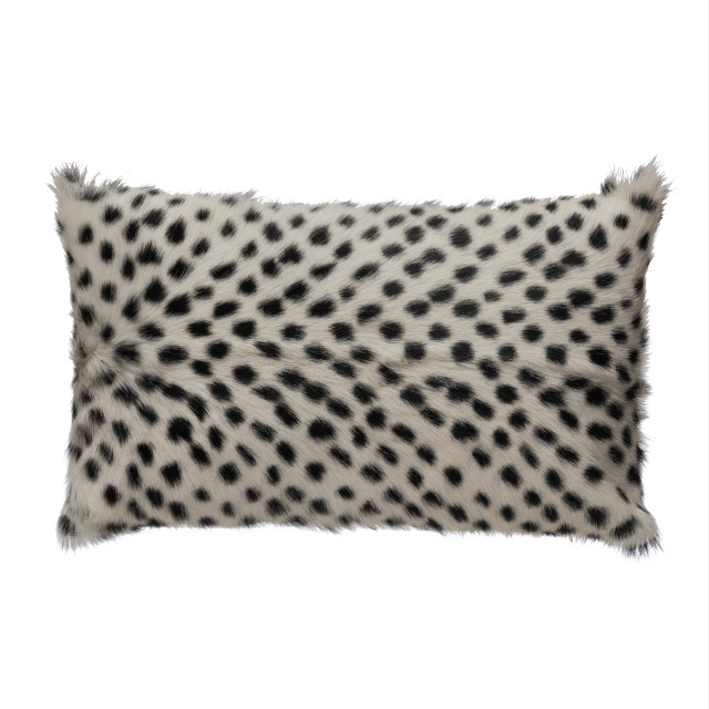 Goat Fur Lumbar Pillow with Printed Spots, Black and White