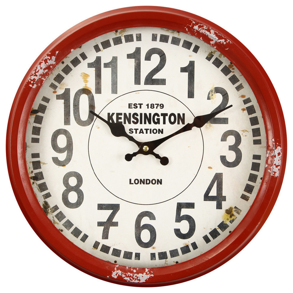 Adeco Retro Red Iron Framed Round Wall Clock "Kensington Station"