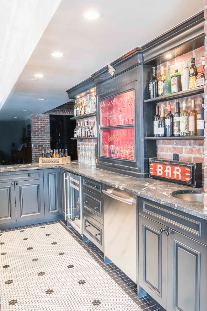 This is an example of a mid-sized u-shaped wet bar in Calgary with shaker cabinets, black cabinets, marble benchtops, red splashback, brick splashback, ceramic floors and multi-coloured floor.