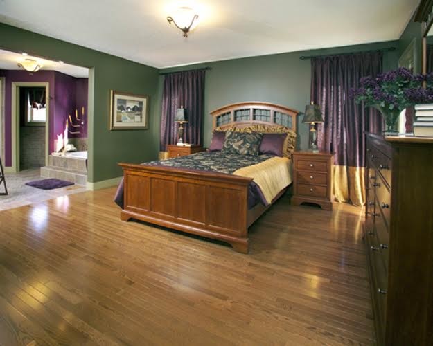 This is an example of a mid-sized traditional master bedroom in Atlanta with green walls, medium hardwood floors, no fireplace and brown floor.