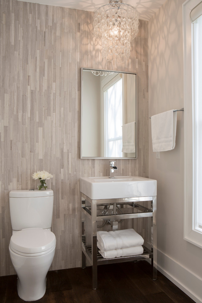 Inspiration for a transitional powder room in Charleston with gray tile, grey walls, dark hardwood floors and a vessel sink.