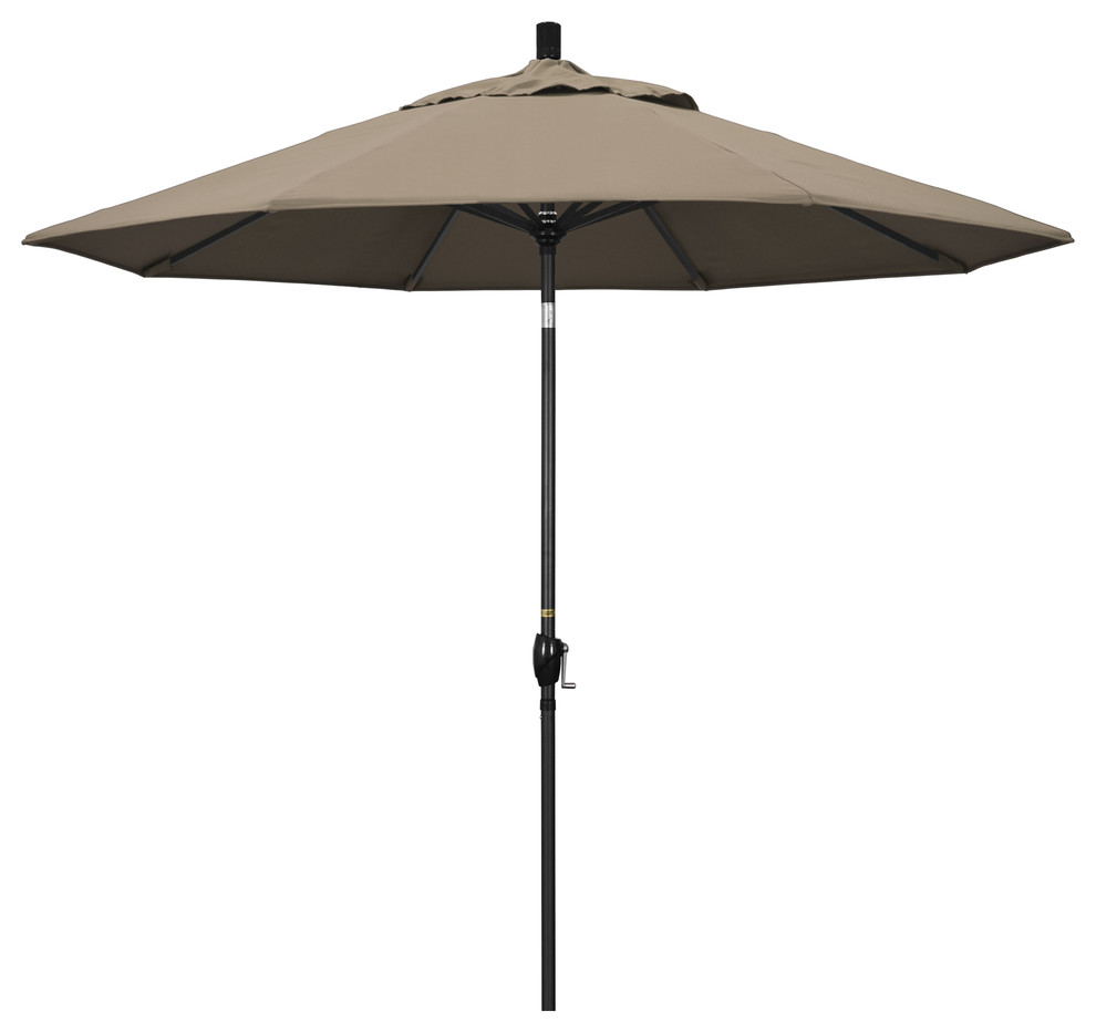 9' Matted Black Push-Button Tilt Crank Aluminum Umbrella, Taupe Pacifica