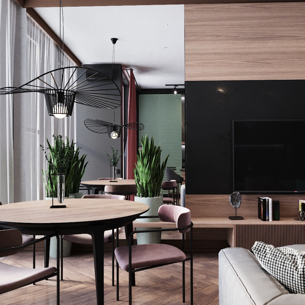 Пример оригинального дизайна: большая объединенная гостиная комната в белых тонах с отделкой деревом в современном стиле с домашним баром, черными стенами, паркетным полом среднего тона, телевизором на стене, зоной отдыха и коричневым полом