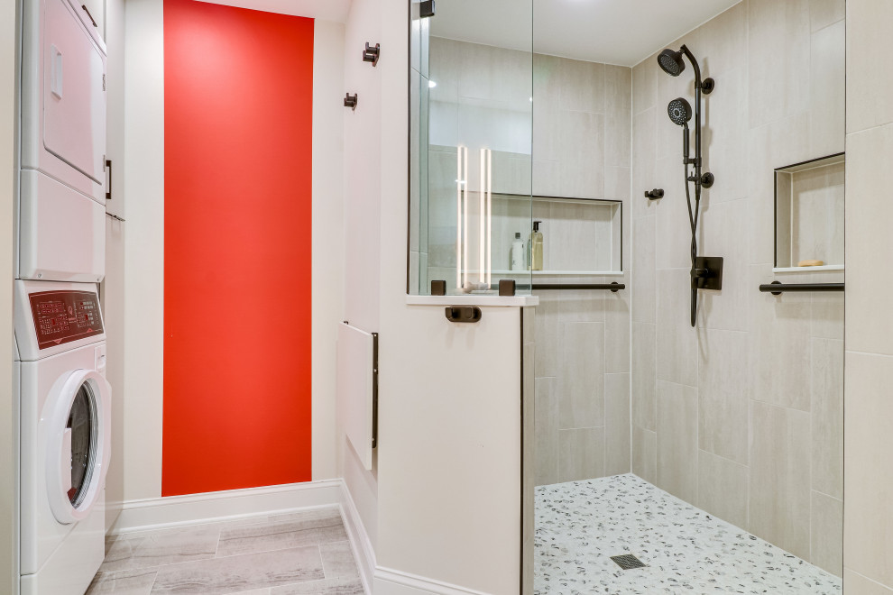 Design ideas for a large contemporary ensuite bathroom in DC Metro with a built-in shower, a bidet, a submerged sink, engineered stone worktops, an open shower, a laundry area, double sinks and a built in vanity unit.