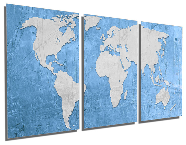 Light Blue And Silver World Map, Metal Print Wall Art, 3 Panel Split ...