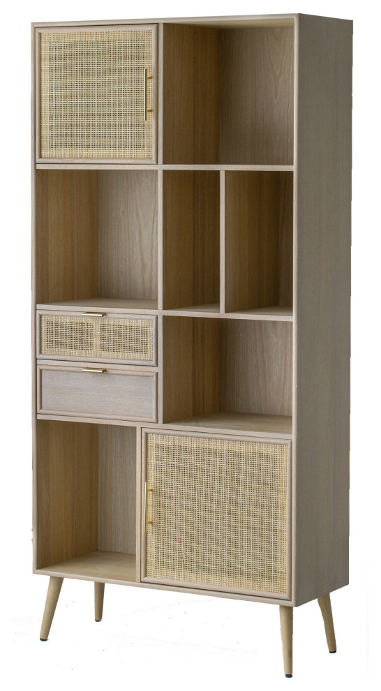 Benzara BM285270 Bookcase, 6 Unique Shelves, 4 Rattan Drawers, Natural Brown