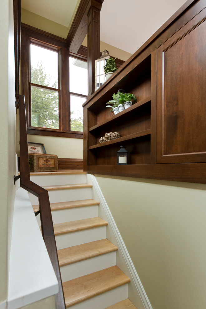 Staircase - small traditional wooden straight staircase idea in Minneapolis with painted risers