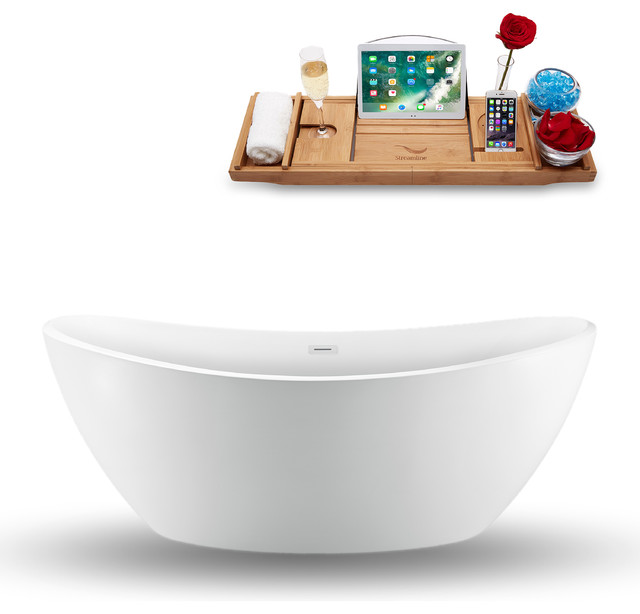 75" White Freestanding Tub and Tray With Internal Drain, Oval Shaped