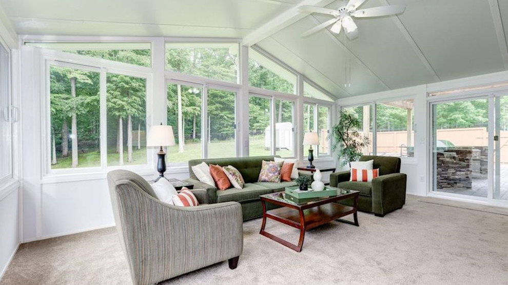 Photo of a large traditional sunroom in DC Metro with carpet, no fireplace, a standard ceiling and beige floor.