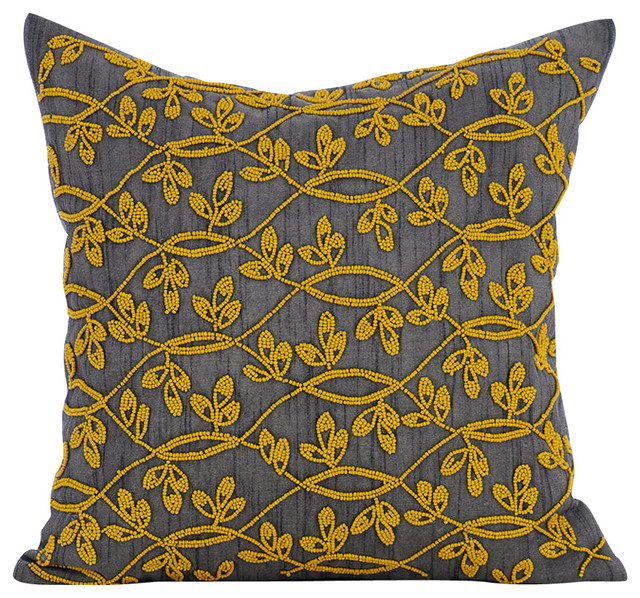 Gray Decorative Pillow Covers Silk Yellow Fleur Contemporary
