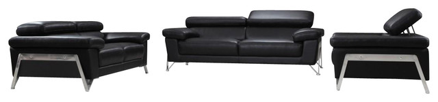 Encore Black Top Grain Italian Leather Sofa Set With Adjustable Headrests