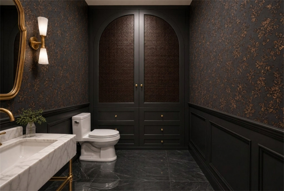 AFTER: MOODY POWDER ROOM WITH CUSTOM ARCHED BUILD-INS