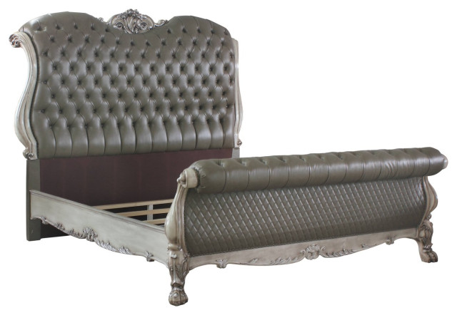 Classic Queen Platform Bed, Elegant Design & Tufted PU Leather Rolled Headboard