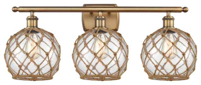 Farmhouse 3-Light Bath Vanity-Light, Brushed Brass, Clear Glass With Brown Rope
