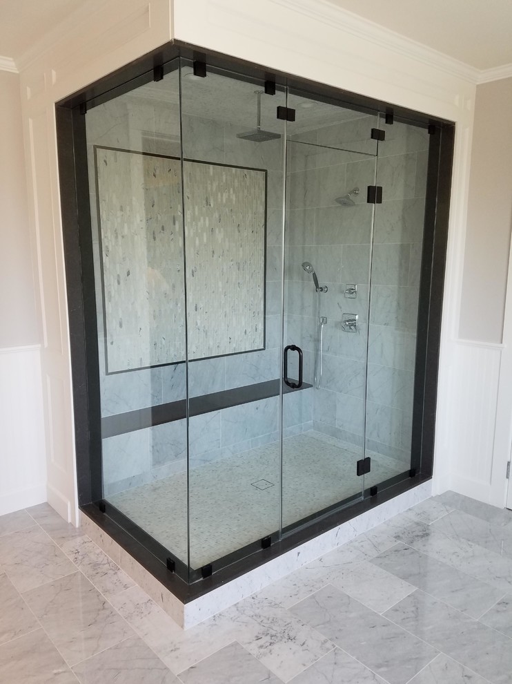 Design ideas for a mid-sized contemporary master bathroom in Los Angeles with a corner shower, gray tile, marble, white walls, marble floors, quartzite benchtops, beige floor and a hinged shower door.