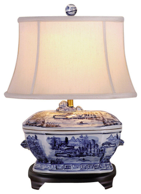 Blue and White Porcelain Landscape Tureen Table Lamp 21"