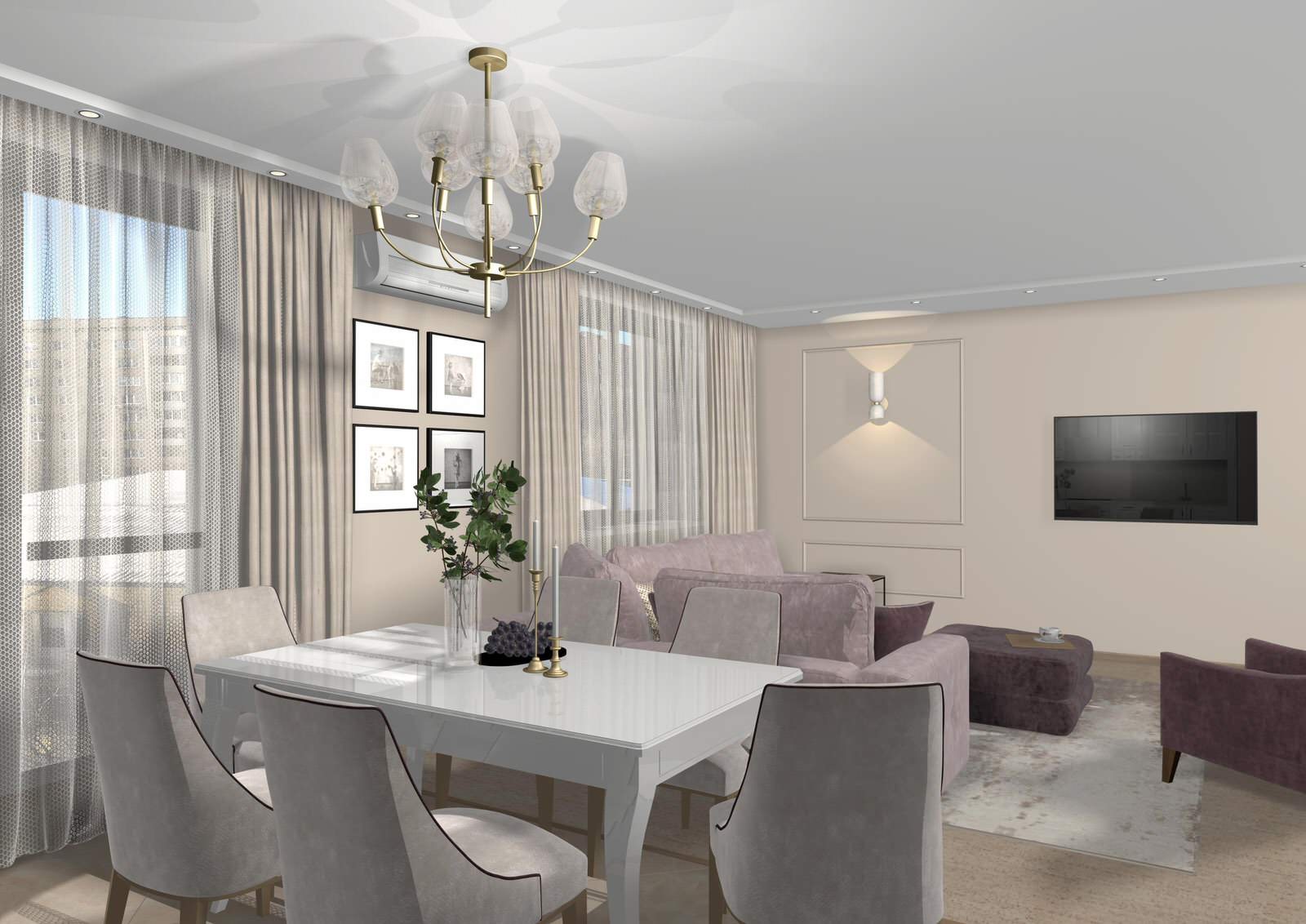 Гостиная с белой кухней