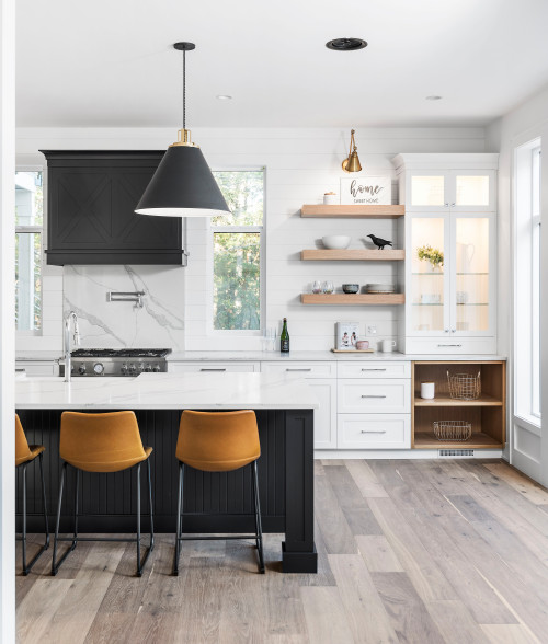 Open Shelving Harmony: Modern Farmhouse Kitchen Inspirations with White and Black Cabinets