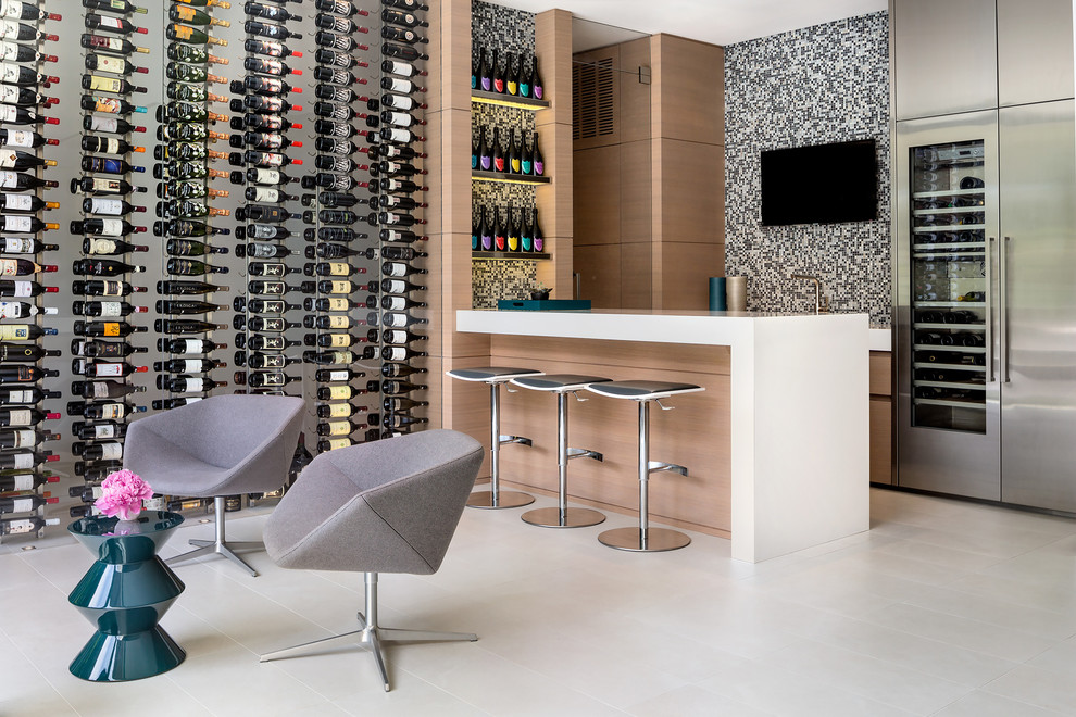 Photo of a contemporary seated home bar in Vancouver with light wood cabinets, grey splashback and mosaic tile splashback.