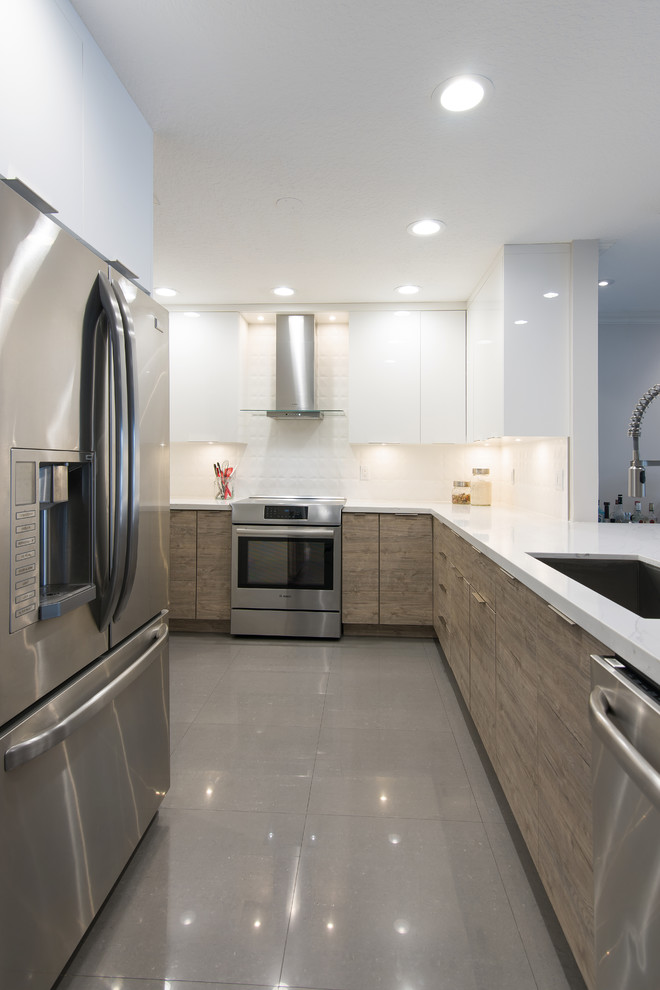Small contemporary u-shaped separate kitchen in Miami with an undermount sink, flat-panel cabinets, white cabinets, quartz benchtops, white splashback, porcelain splashback, stainless steel appliances, a peninsula and white benchtop.