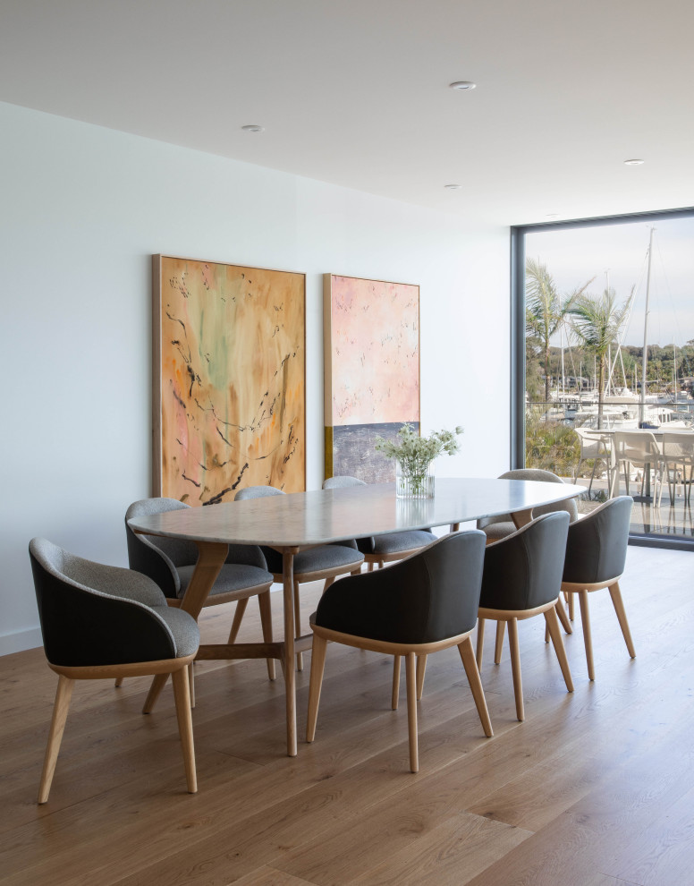This is an example of a mid-sized contemporary dining room in Sydney with white walls, medium hardwood floors and brown floor.