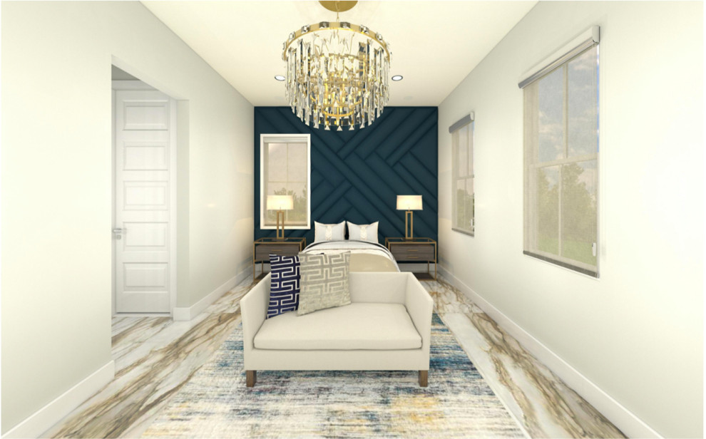 Свежая идея для дизайна: гостевая спальня среднего размера, (комната для гостей) в стиле модернизм с белыми стенами, полом из керамогранита, разноцветным полом и панелями на части стены - отличное фото интерьера