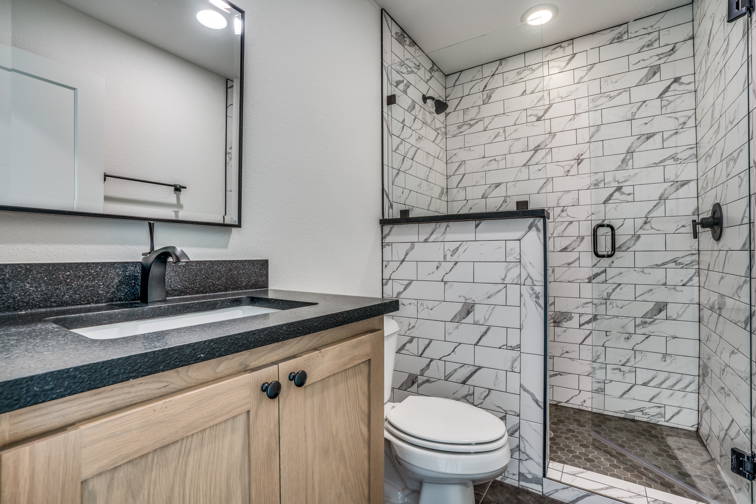 Bathroom Tile - Black & White w/ Wood Accents
