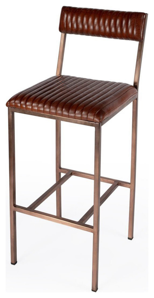 Offex Transitional Iron and Leather Cushioned Bar Stool Brown