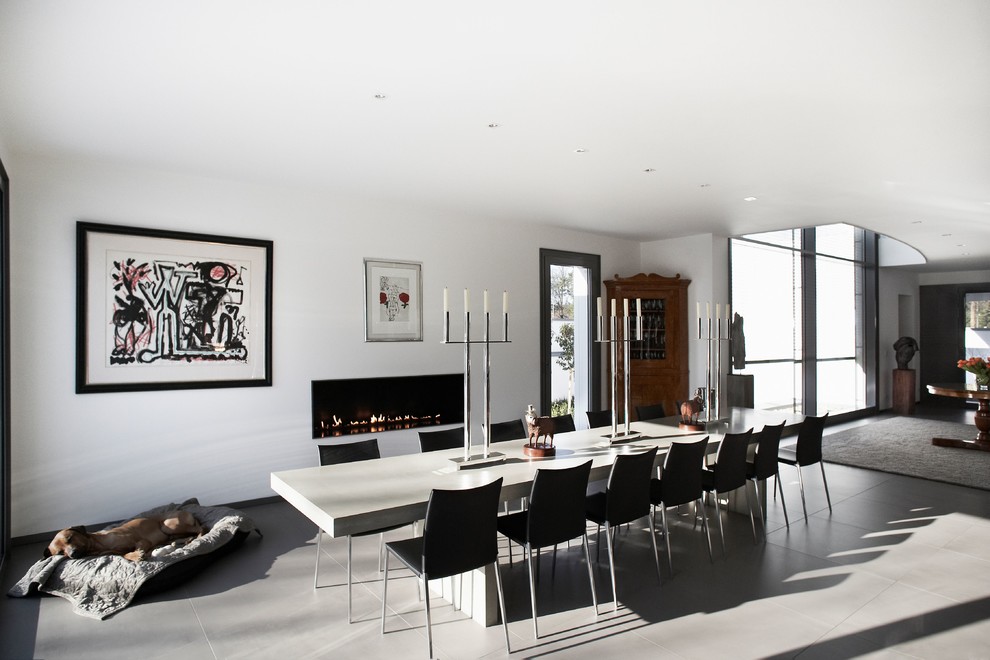 Design ideas for a large contemporary open plan dining in Frankfurt with white walls, a ribbon fireplace and a plaster fireplace surround.