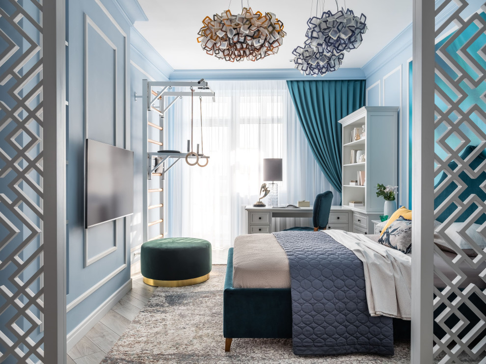 This is an example of a mid-sized contemporary kids' bedroom for kids 4-10 years old and girls in Moscow with blue walls, light hardwood floors and white floor.