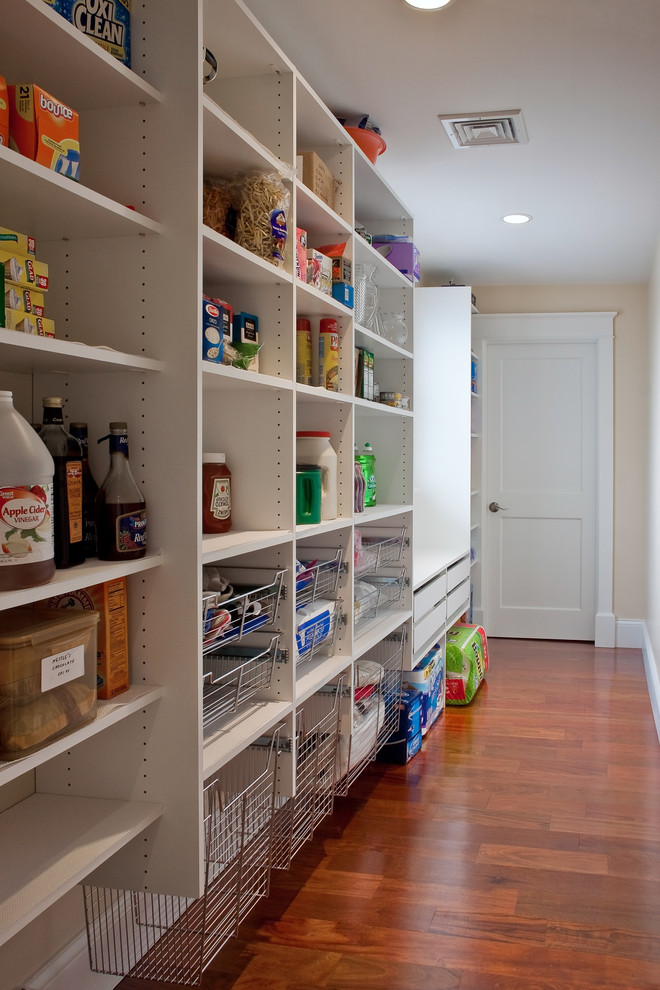 Design ideas for a large traditional single-wall kitchen pantry in Other with open cabinets, white cabinets, medium hardwood floors and brown floor.