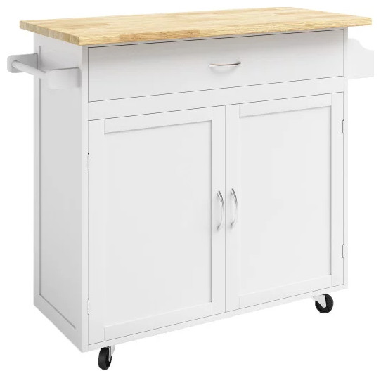 Modern Farmhouse Kitchen Cart, Framed Doors With Silver Handles, White