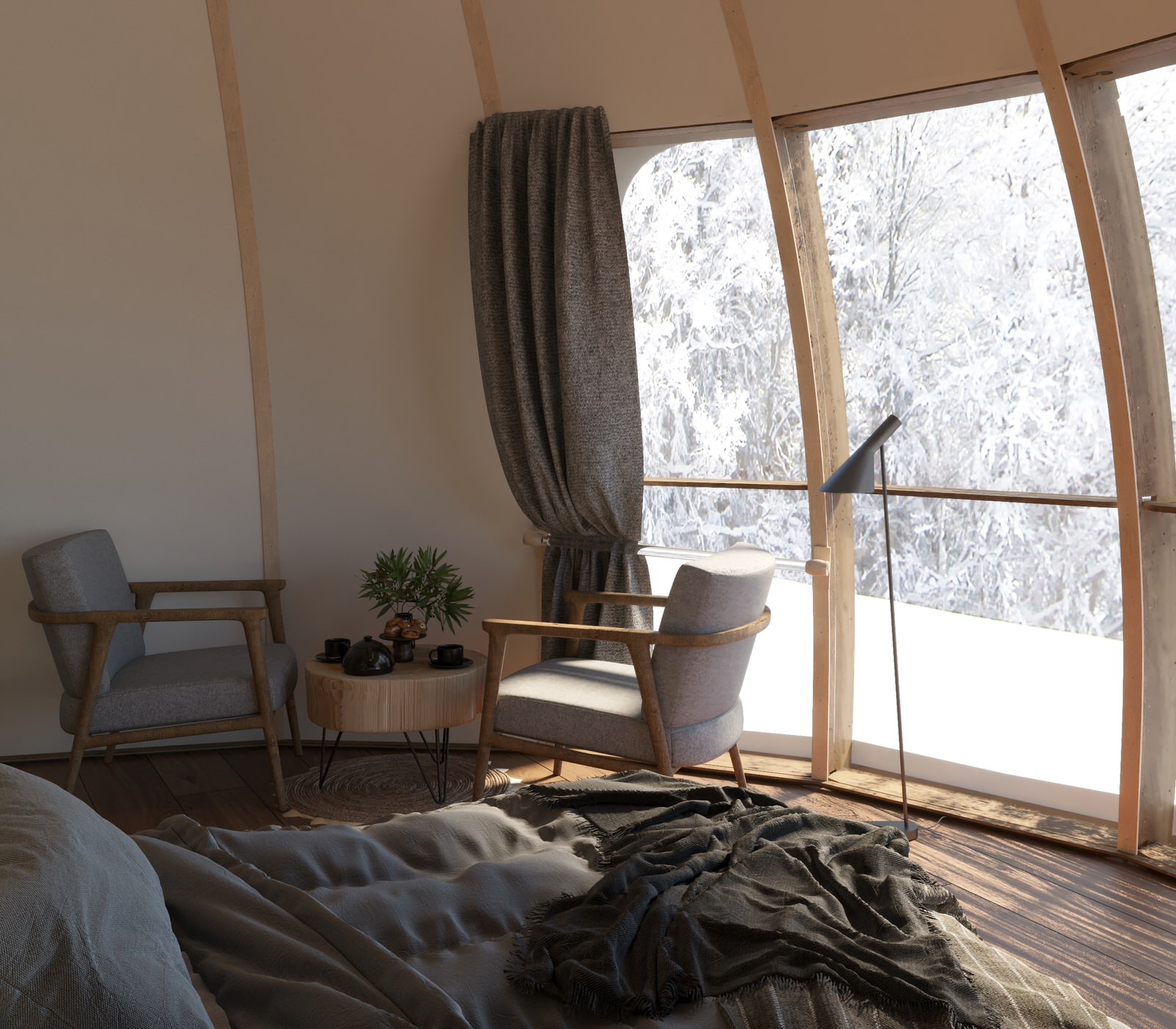 Визуализация интерьера геокупола для Freedome на белом фоне