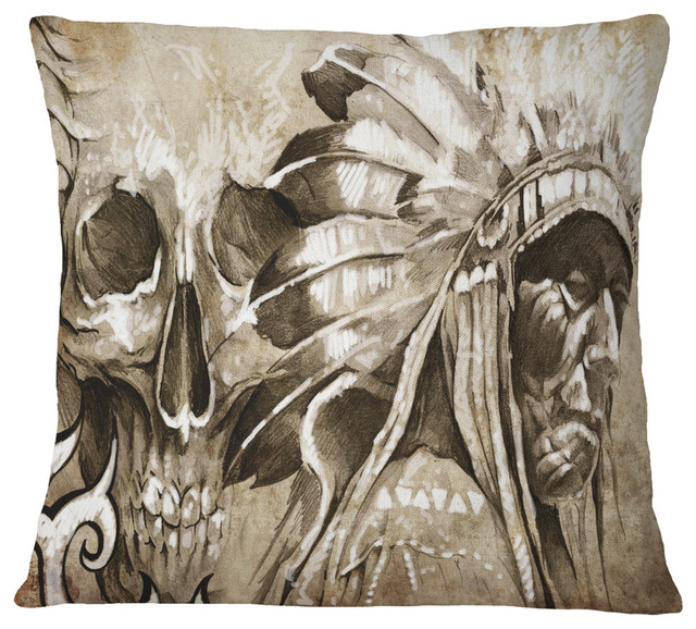 American Indian Warrior Tattoo Sketch Portrait Throw Pillow, 16"x16"