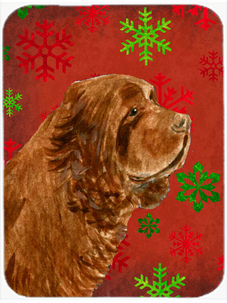 Sussex Spaniel Red and Green Snowflakes Christmas Glass Cutting Board Large