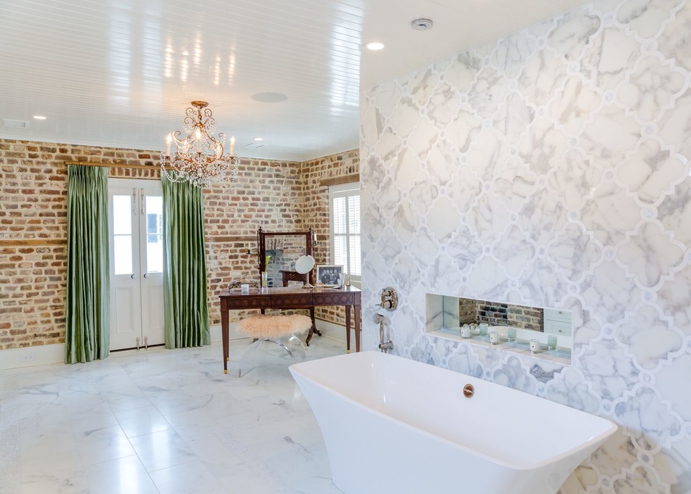 Design ideas for a large transitional master bathroom in Charleston with beaded inset cabinets, white cabinets, a freestanding tub, a double shower, a one-piece toilet, multi-coloured walls, marble floors, an undermount sink, marble benchtops, white floor and a hinged shower door.