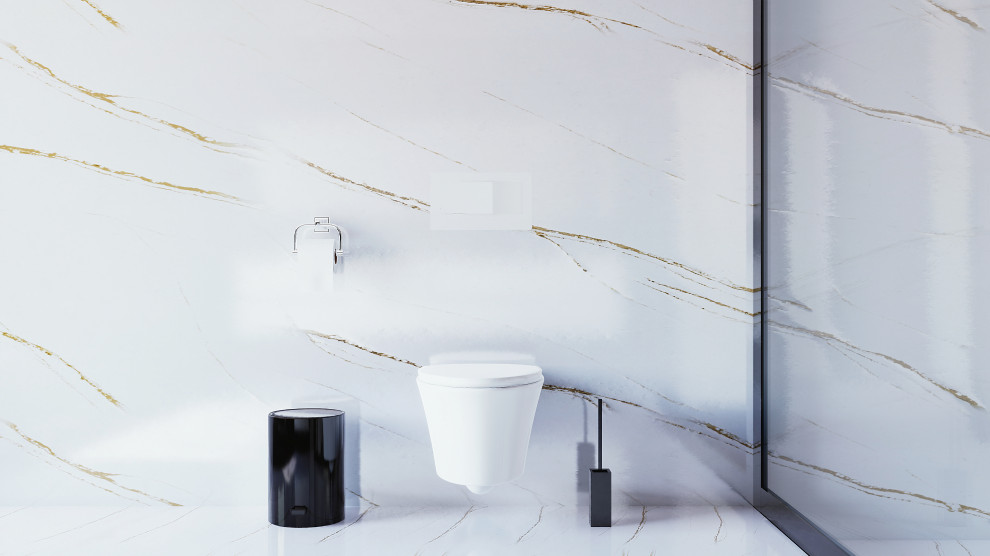 Inspiration for a mid-sized contemporary master bathroom in Miami with flat-panel cabinets, white cabinets, a drop-in tub, an open shower, a wall-mount toilet, white tile, marble, white walls, marble floors, a drop-in sink, quartzite benchtops, white floor, an open shower, white benchtops, a shower seat, a double vanity and a floating vanity.