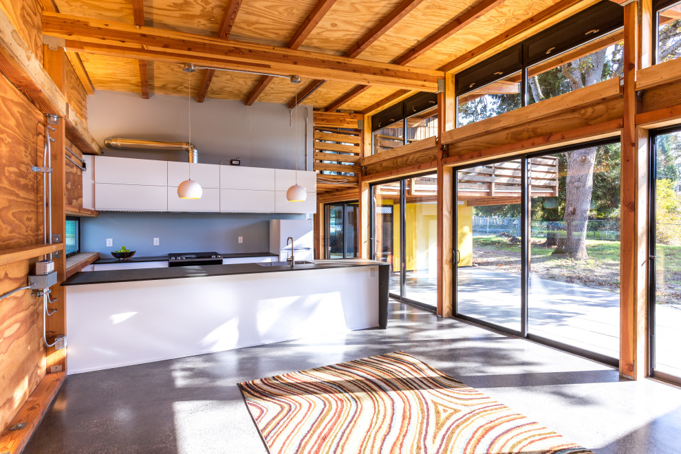 Стильный дизайн: параллельная кухня-гостиная среднего размера в стиле ретро с плоскими фасадами, белыми фасадами, бетонным полом, полуостровом, черной столешницей и балками на потолке - последний тренд