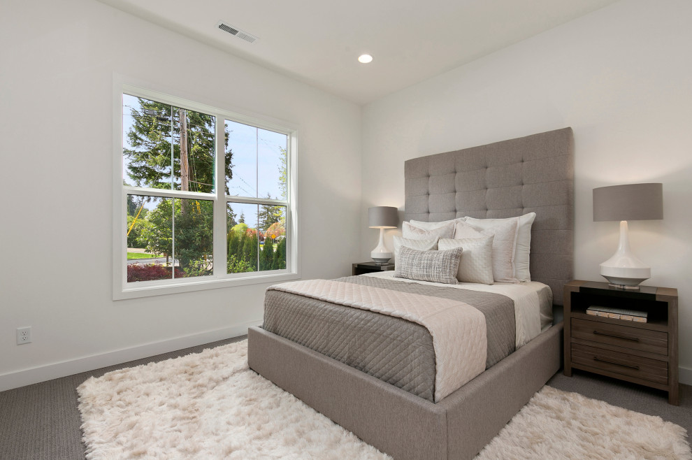 Design ideas for a large country guest bedroom in Seattle with white walls, carpet and grey floor.