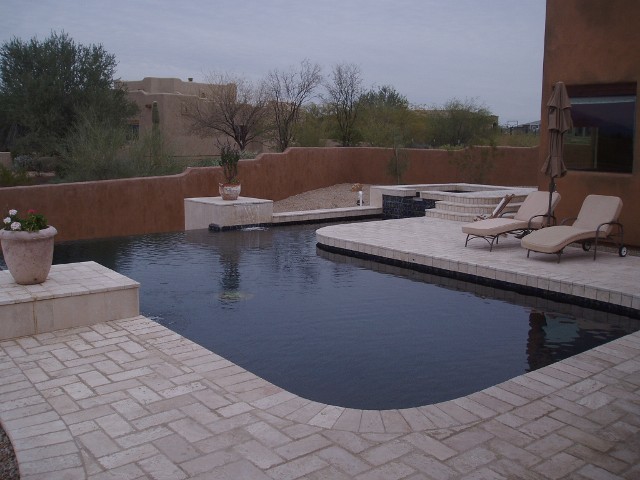 Inspiration for a mid-sized backyard brick and custom-shaped infinity hot tub remodel in Phoenix