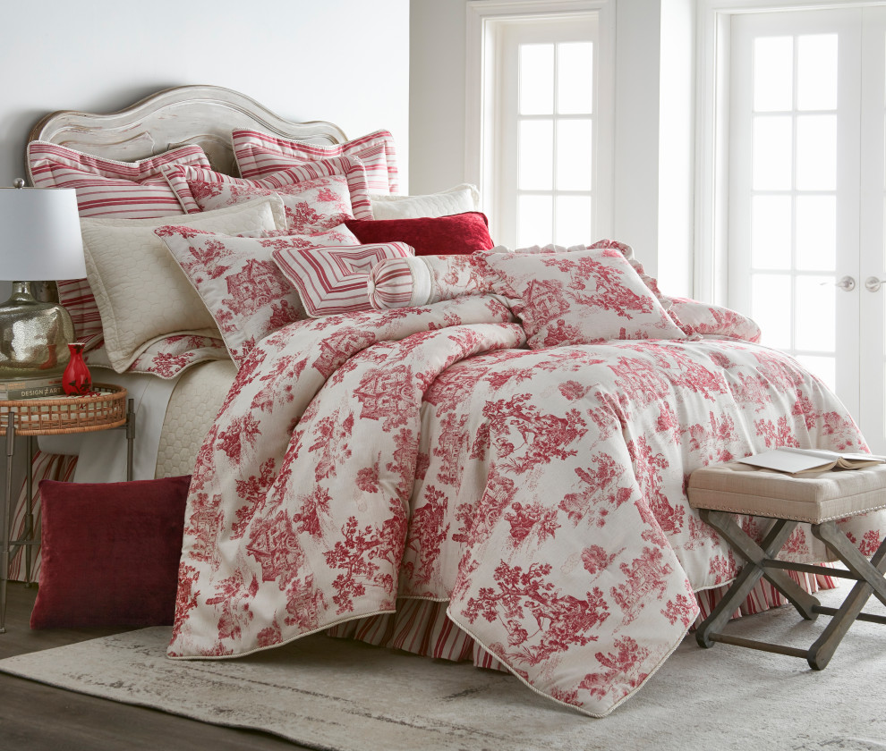 Olivia Quido Cosmopolitan Toile Red 3piece Luxury DUVET Set, Queen